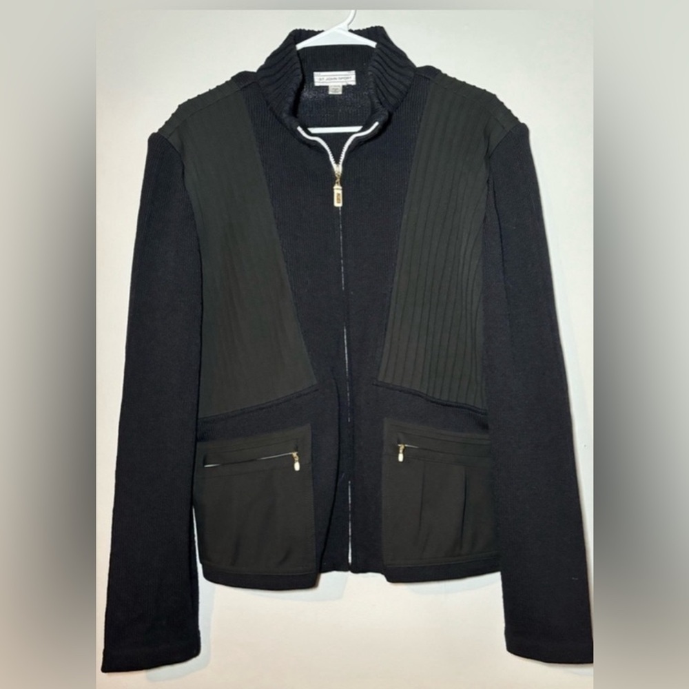 EUC St John Sport Black Wool Viscose Jacket with White Zipper Accents -Sz L